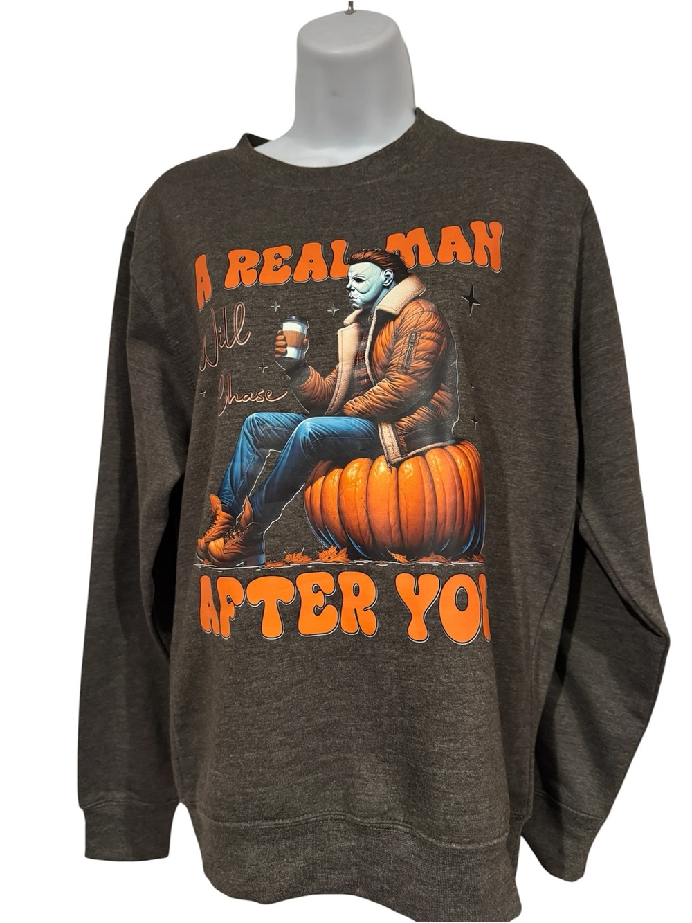 Women’s Crewneck Sweatshirt in Dark gray with Orange Halloween Graphic
